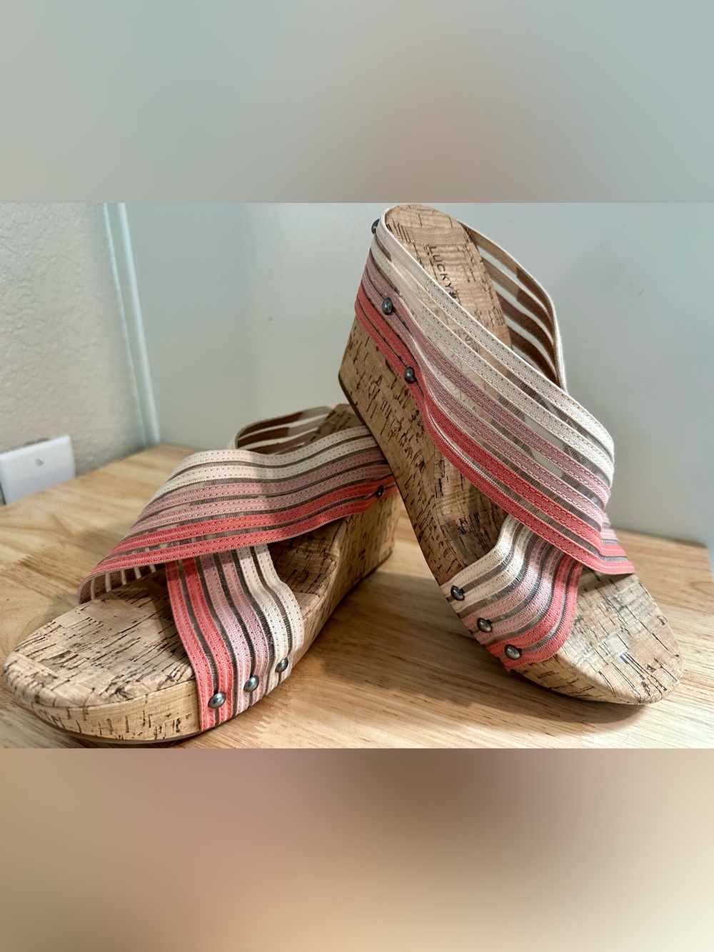 Striped Coral & Cream Cork Wedge Sandals